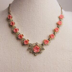 Vintage 50's Pink Flower Floral Regency Mid Century Gold Chain Choker Necklace